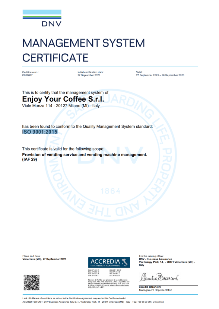 Certificato ISO 9001 | Enjoyyourcoffee srl